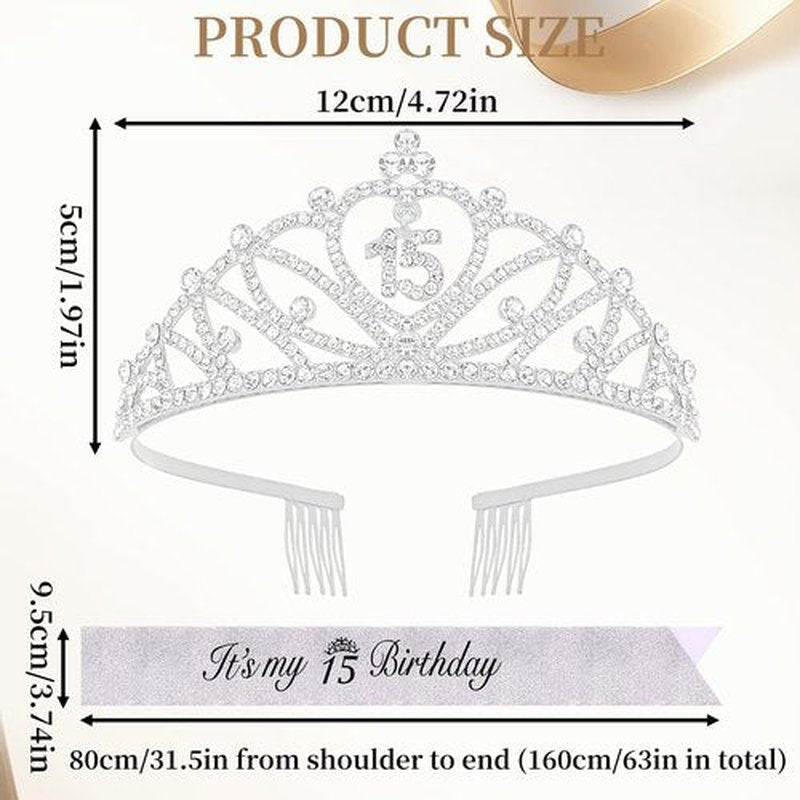 CUBACO 15th Birthday Crown and Sash Set It's My 15th Birthday Decorations for Girls Silver Crown/Tiara for Girls Happy 15 Birthday Party Supplies Corona Para 15 años Quinceañeras Silver