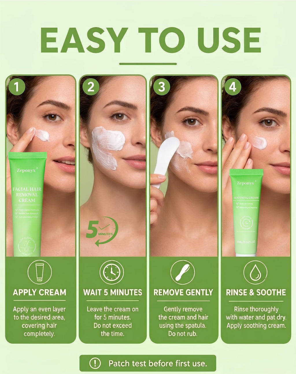 Facial Hair Removal for Women, 5-Minute Painless Face Hair Removal with Soothing Cream | At-Home Depilatory for Upper Lip, Chin & Sideburns | Sensitive Skin Friendly | Smooth Up to 7 Days, 2.03 Fl Oz