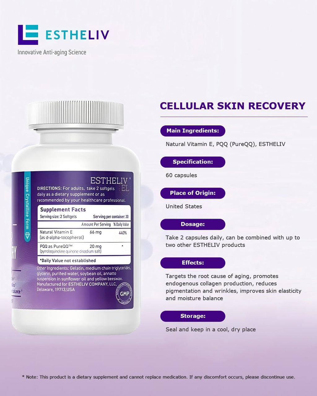 ESTHELIV Cellular Skin Recovery Supplement Hit The Root of Skin Aging PQQ Reduces Pigmentation and Wrinkles Improves Skin's Elasticity and Moisture Balance