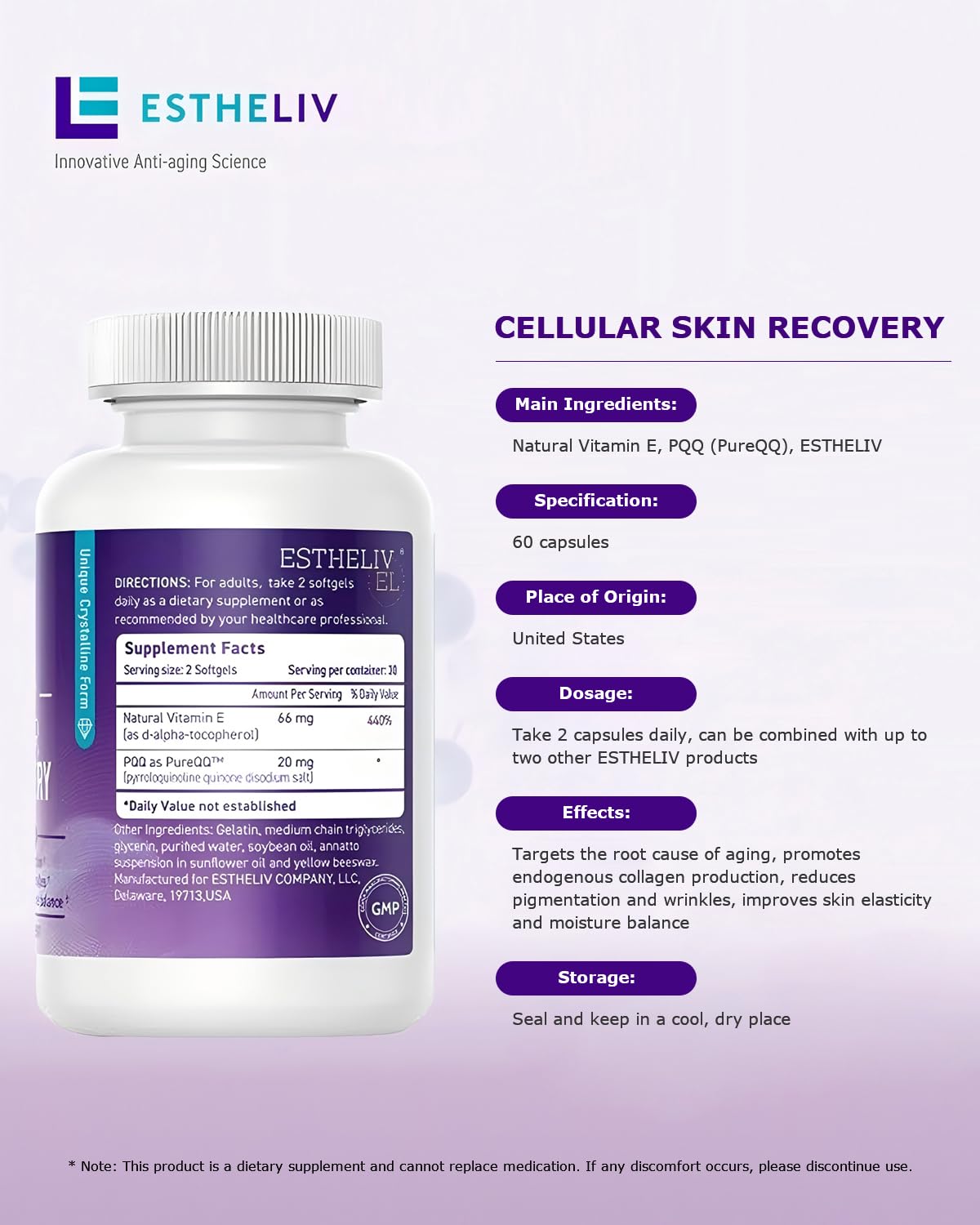ESTHELIV Cellular Skin Recovery Supplement Hit The Root of Skin Aging PQQ Reduces Pigmentation and Wrinkles Improves Skin's Elasticity and Moisture Balance