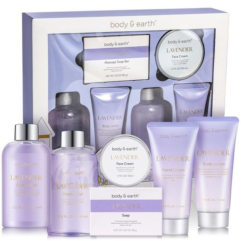 BODY & EARTH Bath and Body Gift Set - 6 Pcs Lavender Bath Kit for Women Spa Set, Perfect Birthday, Mother's Day Gift Set for Women Includes Bubble Bath, Shower Gel, Body Lotion