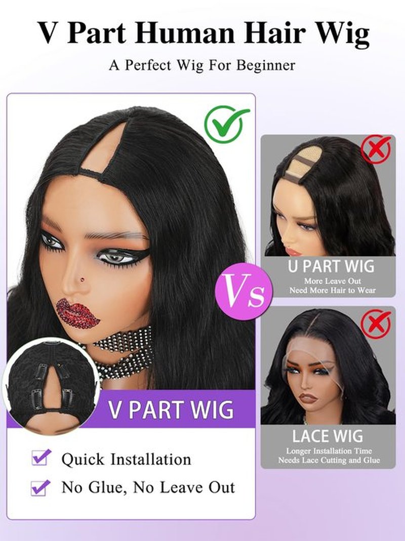 Tahikie V Part Wig Human Hair Body Wave 200% Density Upgrade U Part Wigs With Drawstring No Sew in No Glue Half Wigs Human Hair V Shape Clip In Half Wig For Women Natural Color 18 Inch