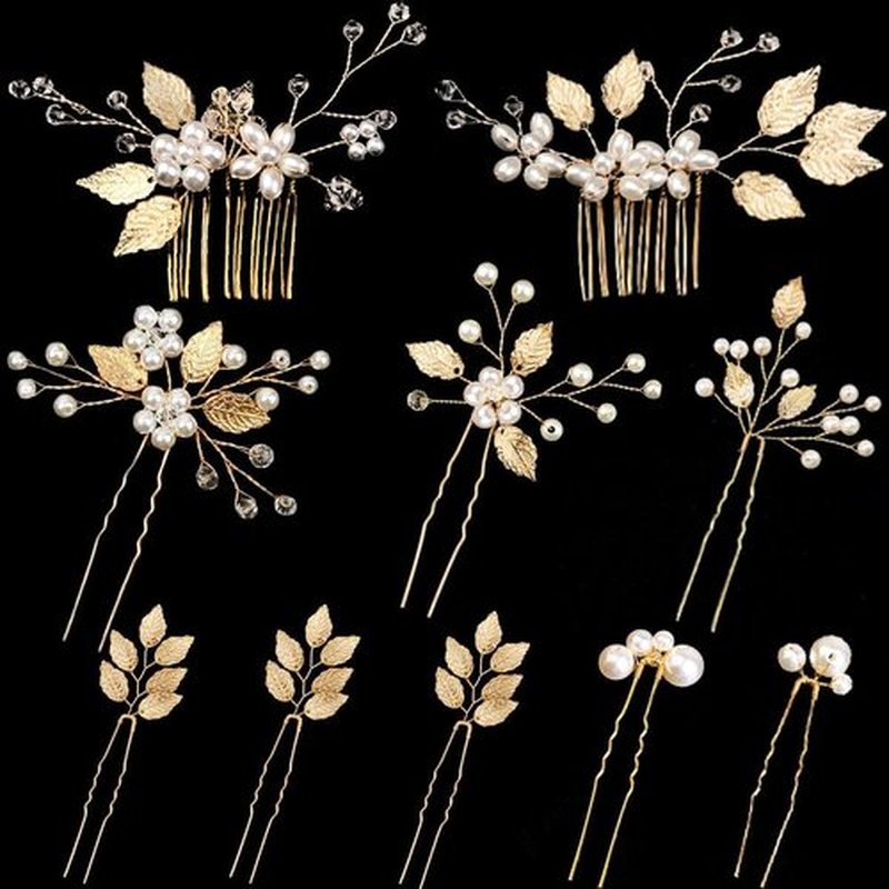 10 Pieces Gold Leaf Bridal Hair Pins, Wedding Headpiece Hair Jewelry with Pearl Rhinestone Wedding Hair Accessories for Bride Bridesmaids Flower Girls(Pearl)