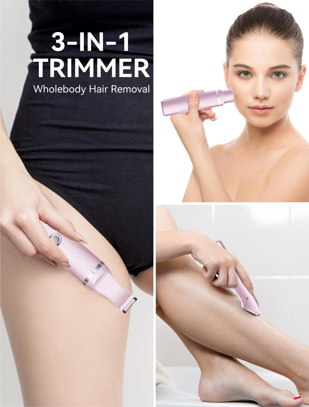 Unibono Pubic Hair Trimmer Women - Waterproof Bikini Trimmer, Rechargeable 3-in-1 Electric Razor, Personal Trimmer Groomer for Body Hair, Cordless Lady Shaver for Legs, Underarms, Face (Cold Pink)