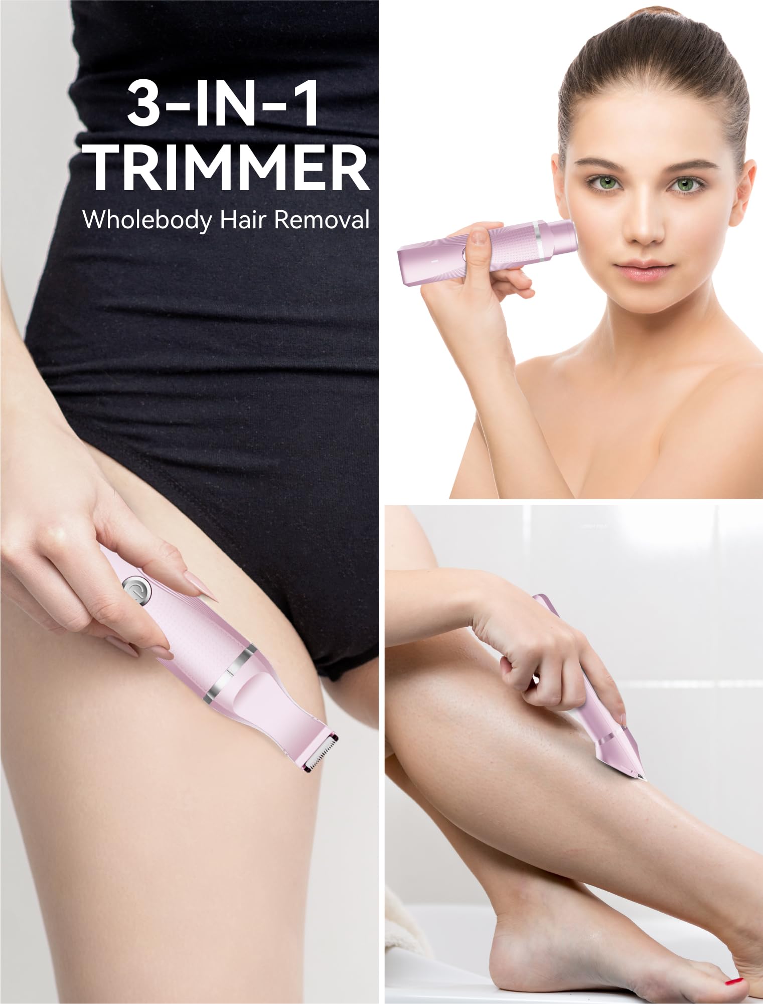 Unibono Pubic Hair Trimmer Women - Waterproof Bikini Trimmer, Rechargeable 3-in-1 Electric Razor, Personal Trimmer Groomer for Body Hair, Cordless Lady Shaver for Legs, Underarms, Face (Cold Pink)