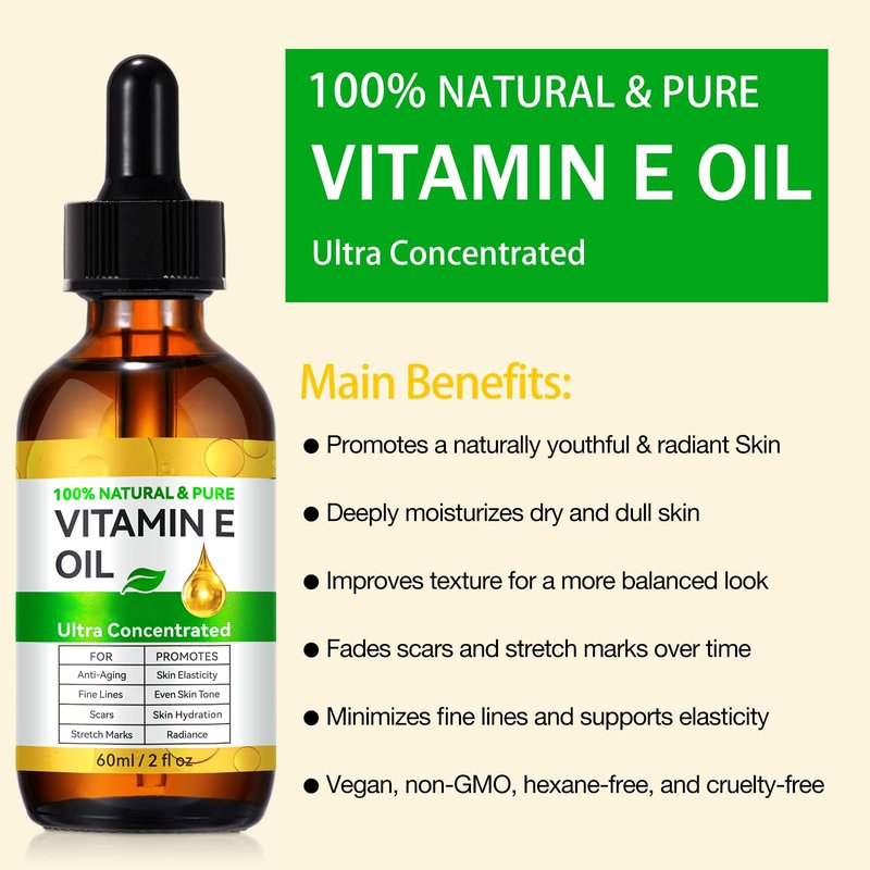 WHLH & WELL-BEING Pure Vitamin E Oil for Skin Face Hair Scars, Moisturizing Dry Skin Winkles Hair and Scalp Pack of 2