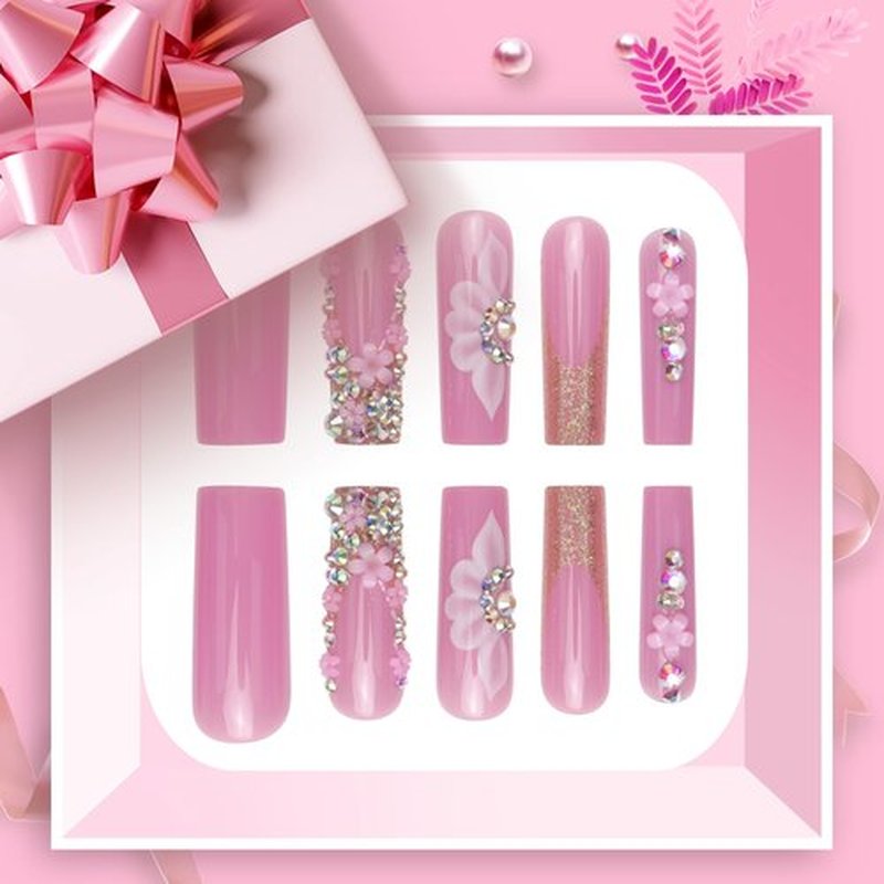 QQPPOLIU Press on Nails,Long Press on Nails Square,Long Nails,Long Fake Nails,Long Nails Press on，for Prom/Party/Holiday,Gift for Women (Peony,with Rhinestones and Flower Design)
