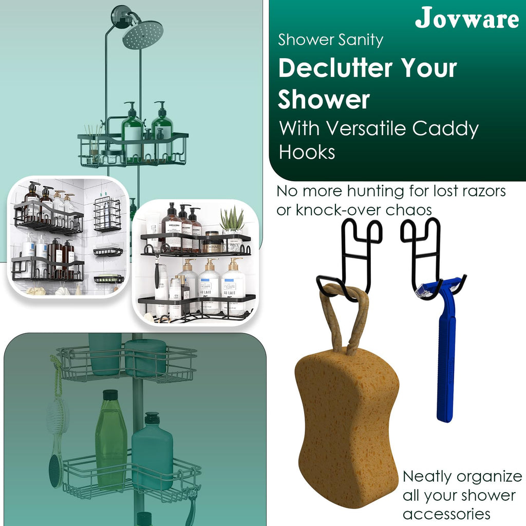 Jovware Shower Caddy Hooks, Razor Hanger for Shelf and Loofah (Black - 1 Closed 1 Open)