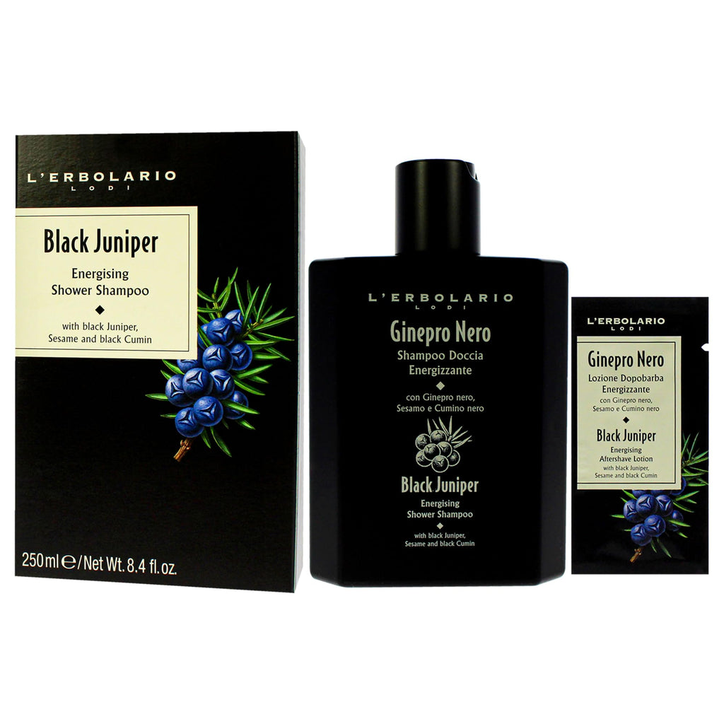 L'Erbolario Energizing Shower Shampoo Black Juniper - Moisturizing 2-in-1 Body Wash and Clarifying Shampoo - Purifying with Black Cumin - 8.4 oz