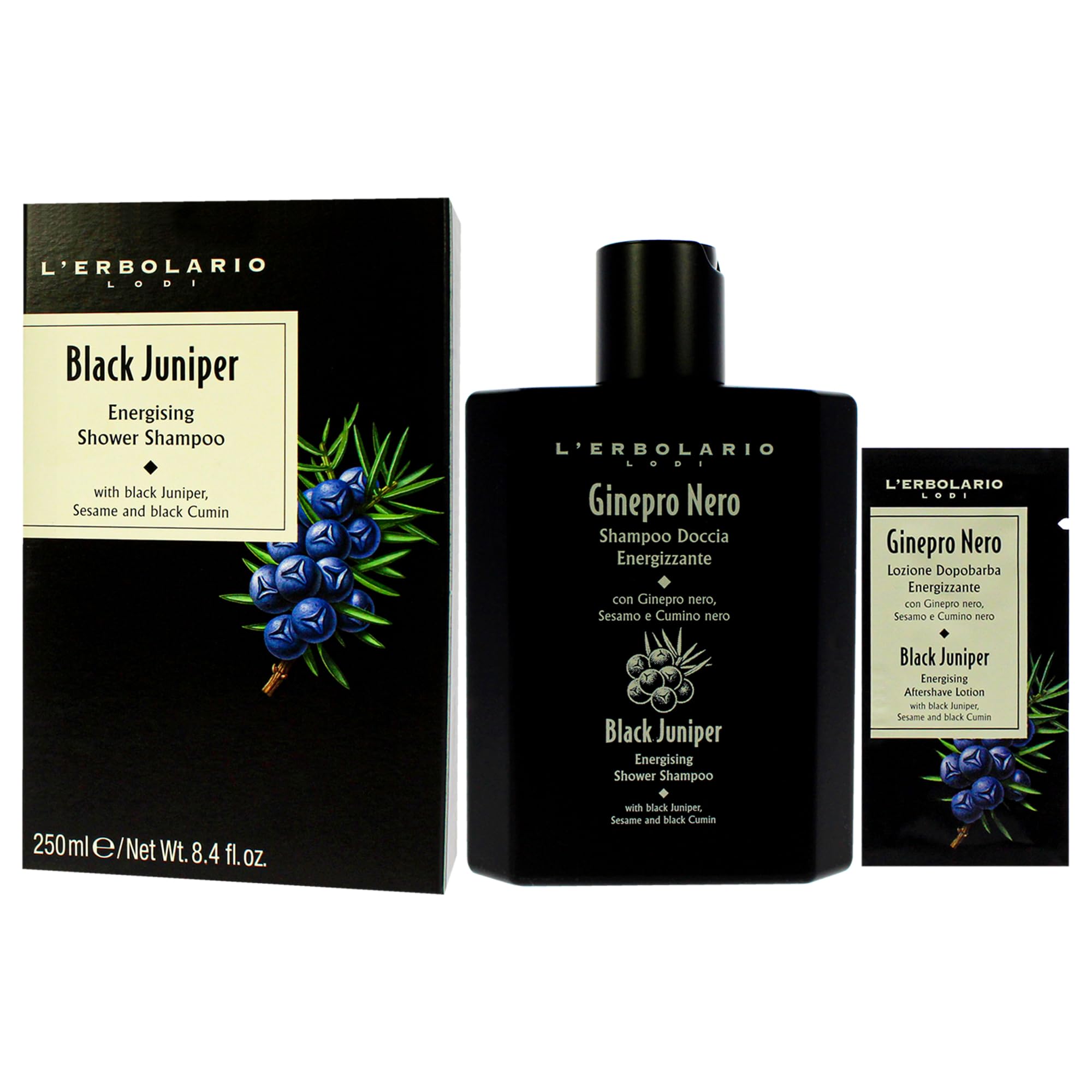 L'Erbolario Energizing Shower Shampoo Black Juniper - Moisturizing 2-in-1 Body Wash and Clarifying Shampoo - Purifying with Black Cumin - 8.4 oz