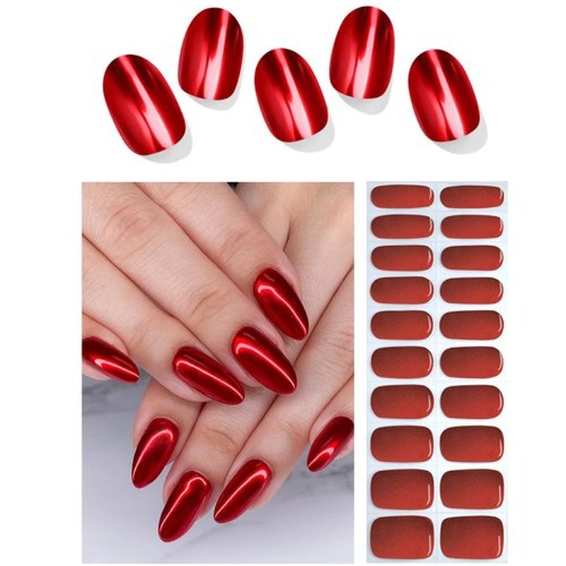 Semi Cured Gel Nail Strips, Red Chrome 20pcs Adhesive UV Sticker, Wraps for Home Manicure DIY