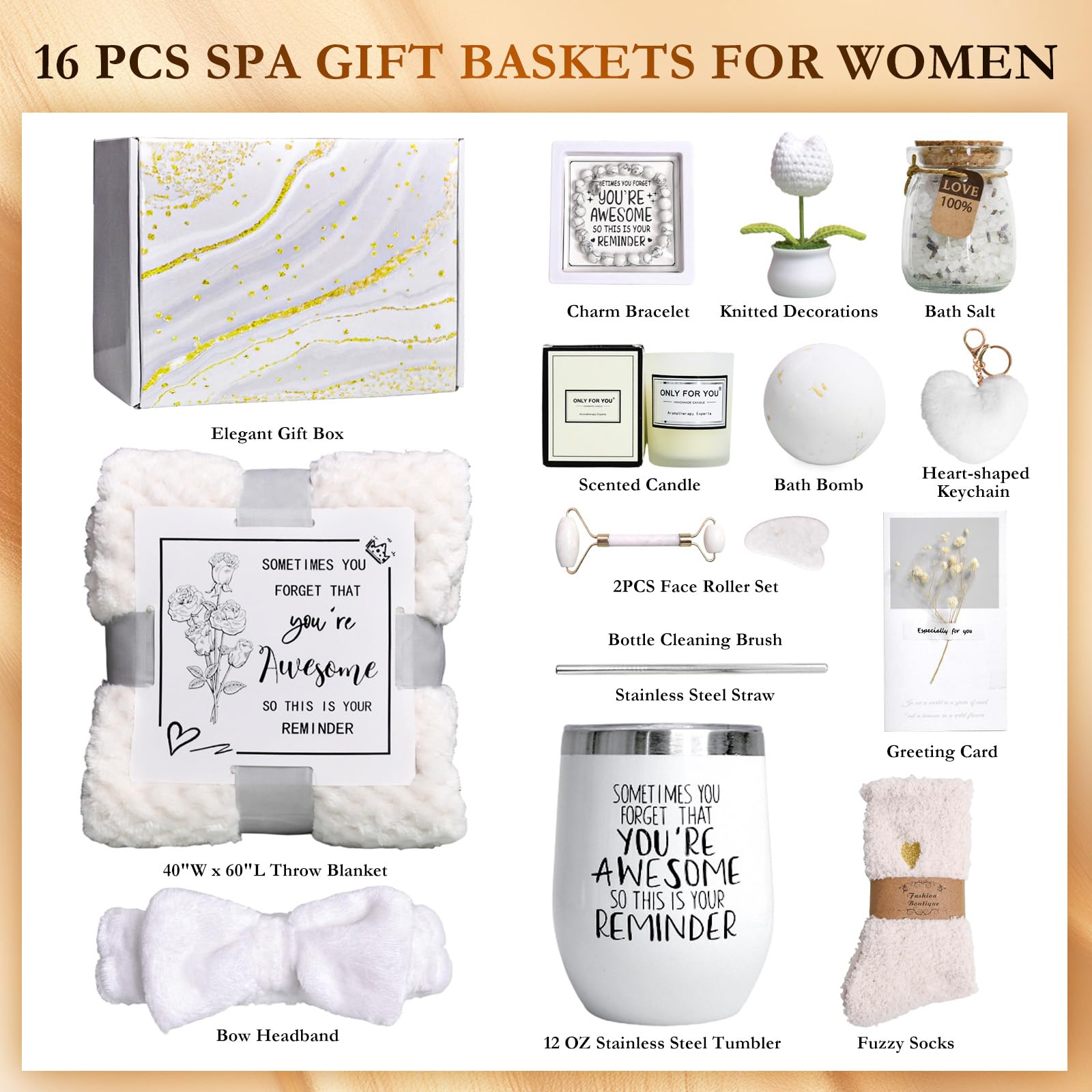 Self Care Gifts Baskets Women, 16PCS Get Well Soon Gift Box Relaxing Spa Set Care Package for Birthday, Valentines Day, Mothers Day, Christmas Gifts for Mom Girlfriend Sister Wife Grandma (Beige)