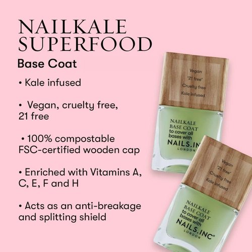 Nails Inc Plant Power, NailKale, Kale Extract, Base Coat, Glossy, No Chip, Long Lasting, Quick Dry, Air Dry, Professional Manicures & Pedicures, Fingernails & Toenails, Vegan Nail Polish, 0.47 Fl Oz