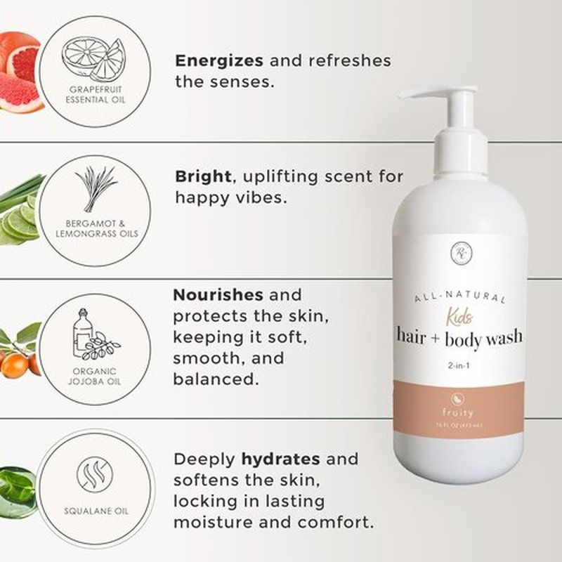 Rowe Casa Organics 2-in-1 Kids Hair & Body Wash - Therapeutic Essential Oils & Fruity Scent | 16 Fl. Oz
