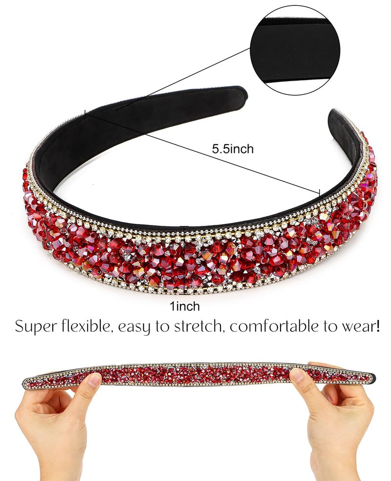 Wecoe Red Rhinestone Wide Headband for Women Girls - Fancy Sparkly Bling Diamond Beaded Jeweled Fashion Hair Accessory - Non-Slip 1 Inch Wide - Gifts