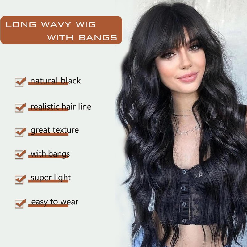 VOZIFAXIU Black Wig with Bangs for Women 26 Inch Long Wavy Black Wigs Synthetic Heat Resistant Wig for Daily Party Use
