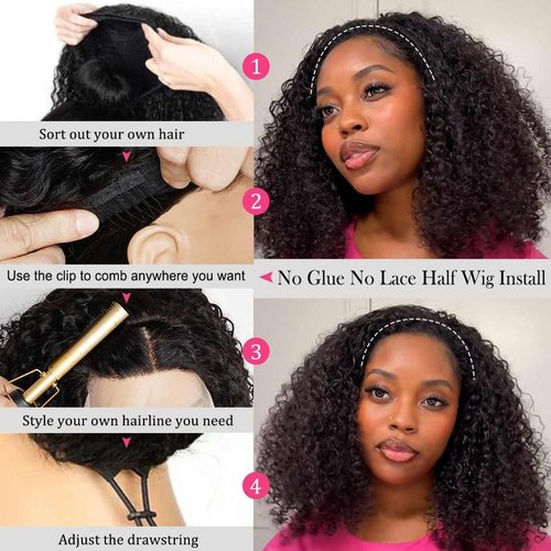 KISS HAIR Kinky Curly Half Wig Human Hair | 200% Density 3 In 1 Seamless Flip Over Kinky Half Wig Curly Human Hair Wear and Go Glueless Half Wigs for Women Drawstring Headband Wig Human Hair 20 Inch