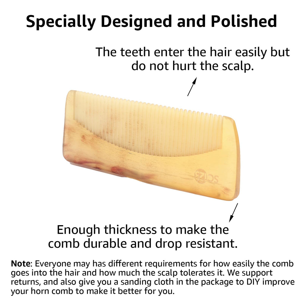 SC123 Untreated 4.7 inch Real Ox Horn Hair or Beard Mustache, Birth Labor Comb, Handmade Fine Tooth Small Pocket Travel, Anti-static, Detangling, Massage, Scalp Gua sha for Women, Men