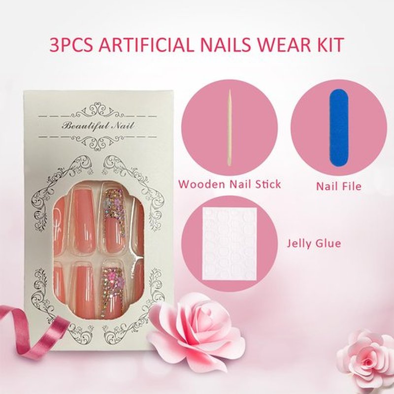 24Pcs Square Press on Nails Long Length Fake Nails Glossy False Nails With 3D Flowers Rhinestones Designs Full Cover Stick on Nails Acrylic Extra Long Artificial Nails for Women Girls Glue on Nails