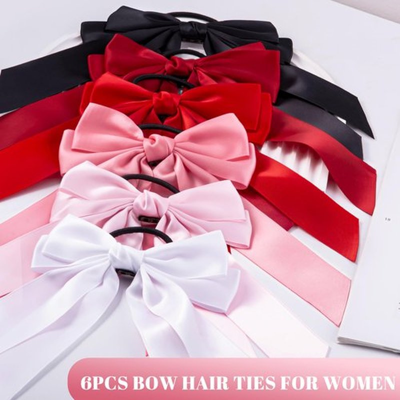 hisial 6Pcs Bow Hair Ties Non-Damage Ponytail Holders Hair Bows Ribbon for Women Fashion Bows Accessories for Girls Elastic Hair Bands(White/Pink/Red/Black)