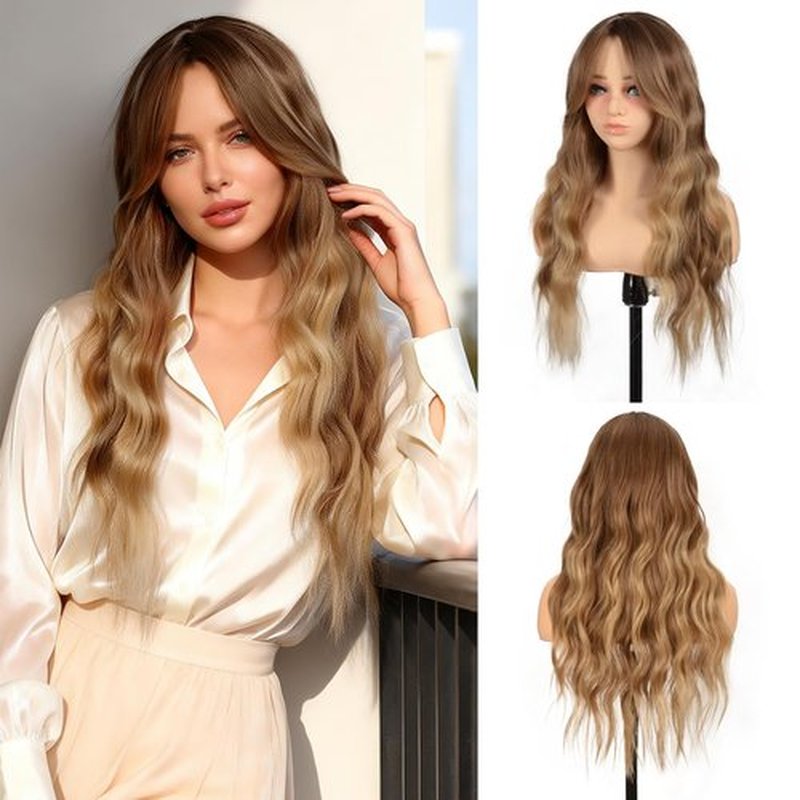 BrittyHair Long Wavy Honey Blonde Wig with Curtain Bangs for Women 26 Inch Curly Wavy Synthetic Wigs Natural Looking Heat Resistant Synthetic Wavy Wig for Daily Party Halloween Cosplay Use