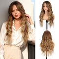 BrittyHair Long Wavy Honey Blonde Wig with Curtain Bangs for Women 26 Inch Curly Wavy Synthetic Wigs Natural Looking Heat Resistant Synthetic Wavy Wig for Daily Party Halloween Cosplay Use