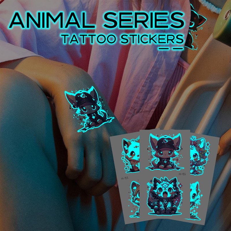 Yobbai Luminous Tattoos for Kids, Mixed Styles Temporary Tattoos Stickers with Dogs, Cats, Pandas, Foxes for Boys and Girls, Waterproof Glow In The Dark Tattoos for Kids Party Supplies