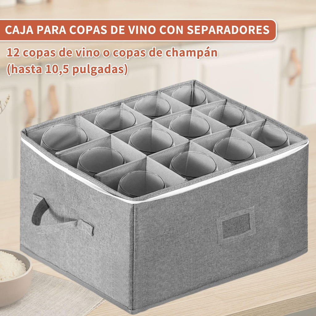 BOHEMIABY Wine Glass Storage Box Holds 12 - Stackable Hard Shell Organizer with Adjustable Dividers for Champagne Flutes & Crystal, Label Window, Durable Protector Case