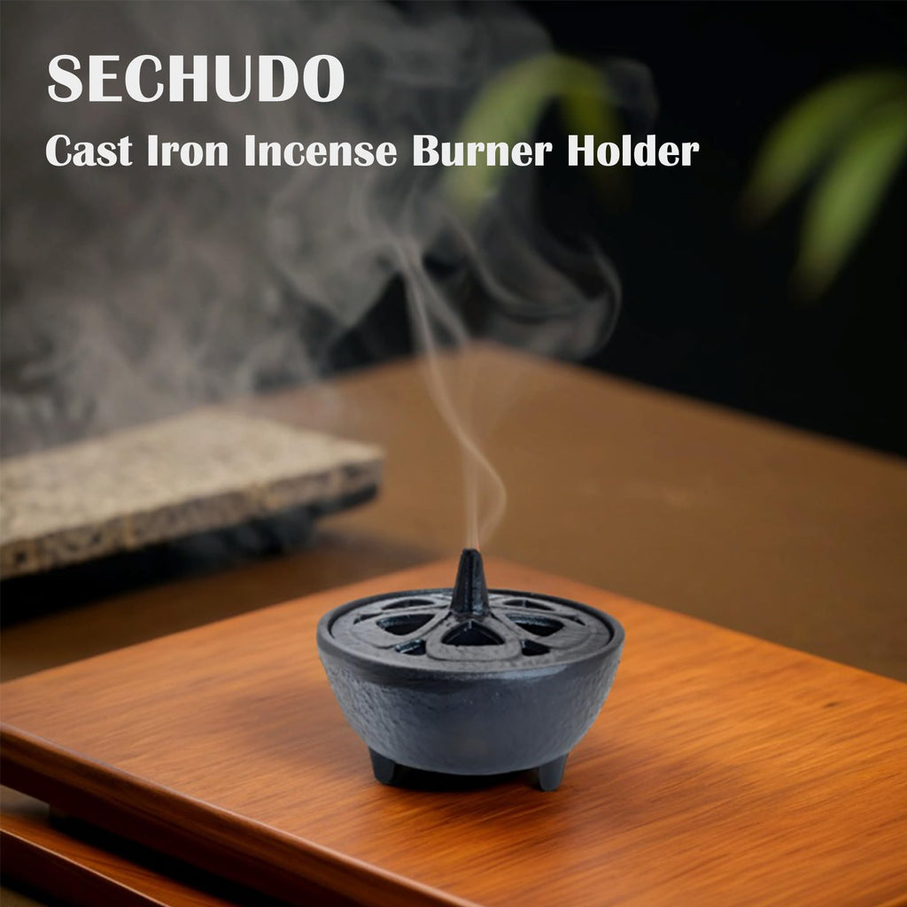 SECHUDO Small Cast Iron Incense Burner Holder, Home Decor, Bowl Design with Decorative Lid, Black Incense for Sticks, Resin, Cone Incense or Wax Melts