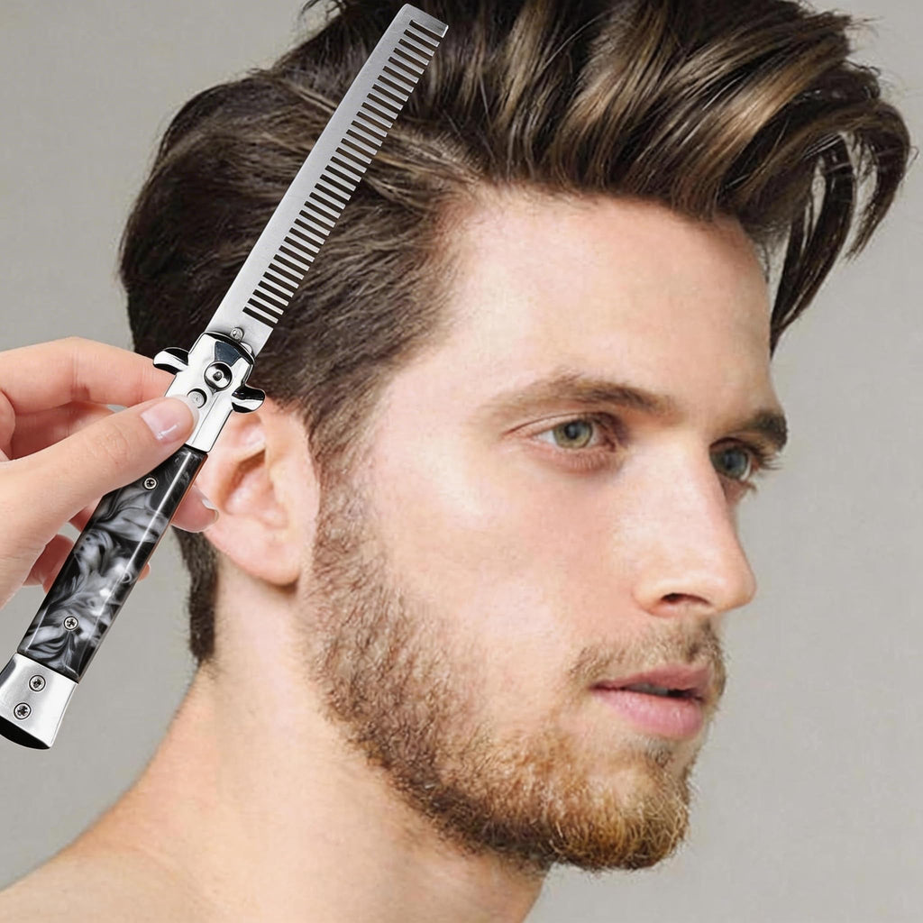 2 Pack Automatic Switch Folding Practice Combs, Stainless Steel Butterfly Comb, Switchblades Comb, Outdoor Training Pocket Combs, Hair Brush for Beard, Mustache, Hair Styling Tools(Skull)