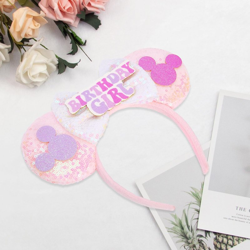 YUNISS Handmade Birthday Girl Mouse Ears Headband for Adults & Kids | Upgraded Wide Band |Velvet Non-Slip Band, All-Day Comfort | Cosplay, Theme Park Gift(Birthday Girl)