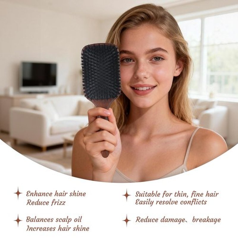 BRUSHZOO Boar Bristle Hair Brush for Women Men, Paddle Hair Brush for Fine Thin Normal Hair, Reduce Frizz, Add Shine and Texture