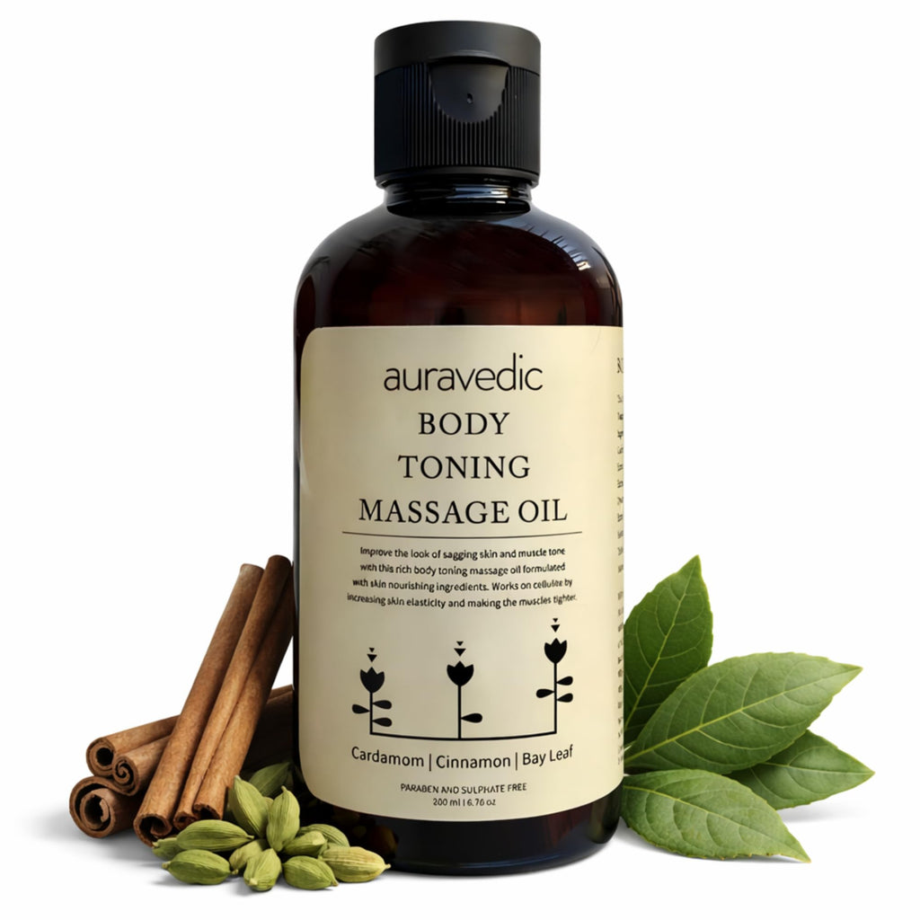 Auravedic Firming Toning Body Massage Oil | Helps Smooth Stretch Marks & Sagging Skin | Ayurvedic Blend with Cinnamon, Cardamom & Bay Leaf | for Thighs, Legs & Belly | 6.76 Fl Oz (200ml)