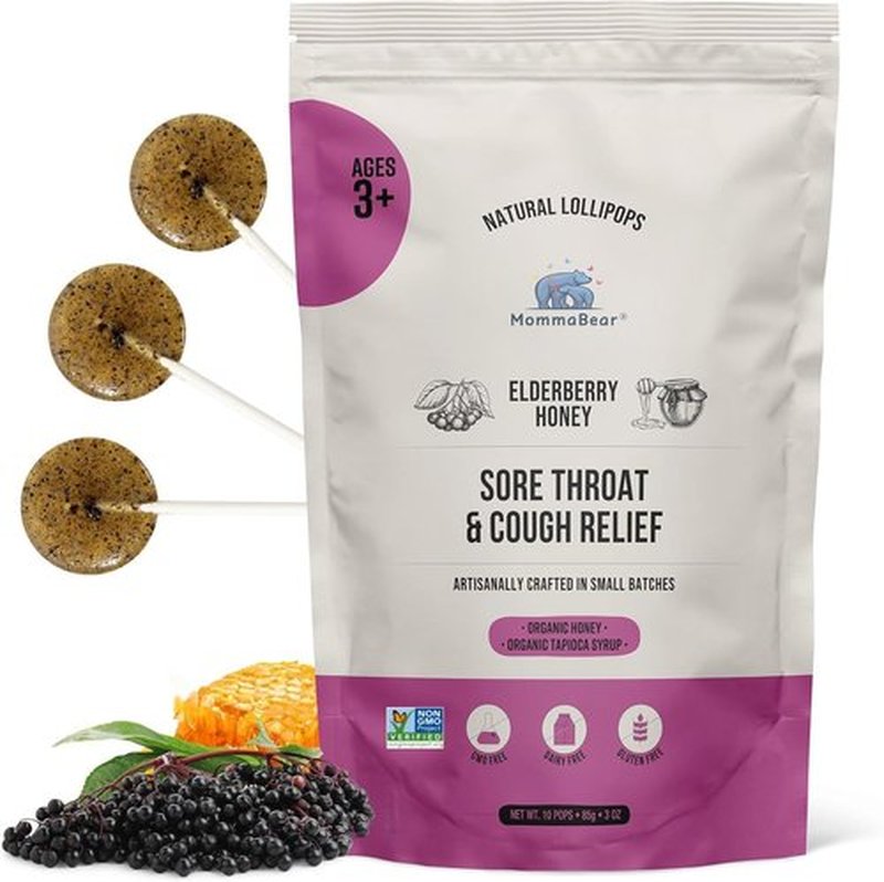 MommaBear Natural Sore Throat Care Lollipops - Organic Elderberry & Honey Kids Cough Treats | 10 Pack, No Artificial Additives