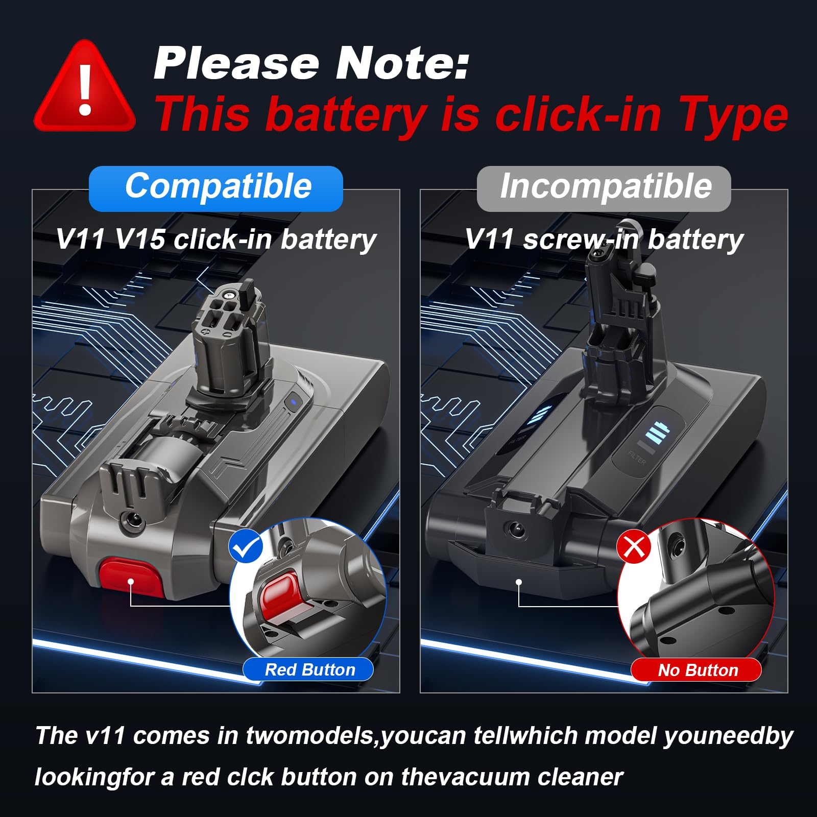 8000mAh V11 Battery Replacement Compatible with Dyson V15 Button Click in Installation Style Battery V11 Extra/Absolute/Animal/Outsize/V15/SV15/SV16 970425-01 Vacuum Cleaner (Not for Screw-in Models)