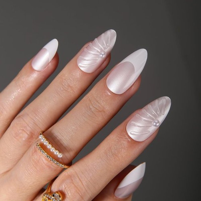 MqpQ Press On Nails Medium - Almond Nails Kit with 3D Sculpting, Chrome Stick On Nails French Tips,Pearl Soft Gel Fake Nails Kit for Women- 24pcs, Pearlescent