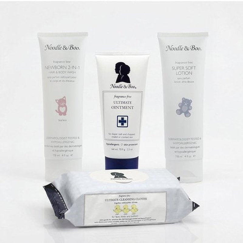 Noodle & Boo Baby Skincare Bundle - Fragrance-Free 4-Piece Set for Sensitive Skin | Ointment, Shampoo, Lotion & Cloths