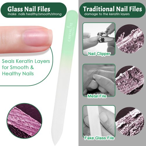 CANVALITE Glass Nail Files for Natural Nails Glass Fingernail File with Case Double Sided 180/320 Grit, Stocking Stuffers for Women Girls, Pack of 3