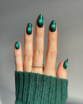 Wooyas Cat Eye Press on Nails, Forest Green Shimmer Almond Medium Handmade Press Ons, Glossy Salon Perfect Magnetic Gel Nails in 12 Sizes - 24 Pcs False Nails Kit for Women Christmas