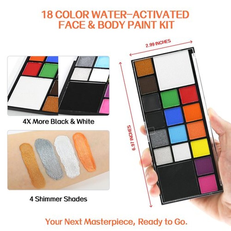 Face Body Paint Kit for Kids Adults-Washable 18 Colors Face Painting Kit with 10 Brushes, Non-Toxic, Skin Safe, Water-Activated Facepaint Palette for Halloween Makeup Cosplay Costume Party