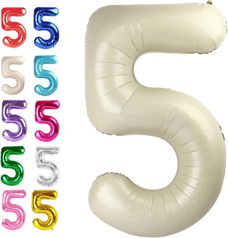 Large Number 5 Birthday Balloon - Cream White Foil Mylar for 5th, 15th, 25th, 35th Celebrations
