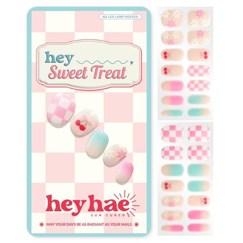 Heyhae Semi Cured Gel Nail Strips | No LED Lamp Needed | Summer, Ombre, Cute | Easy Apply & Remove, Salon Quality | Includes 28 Strips, 1 Prep Pads, Nail File & Wooden Stick - Hey, Sweet Treat