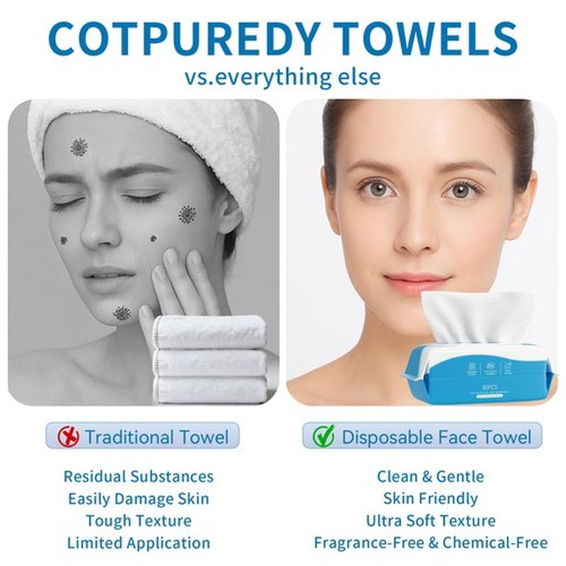 Cotpuredy Face Towels, Disposable Biodegradable Clean Facial Towelette for Sensitive Skin, Lint- free Face Cloths for Makeup Remover, Ultra Soft Dry Wipes, Skincare Women Cleansing 240 Count (3 Packs)