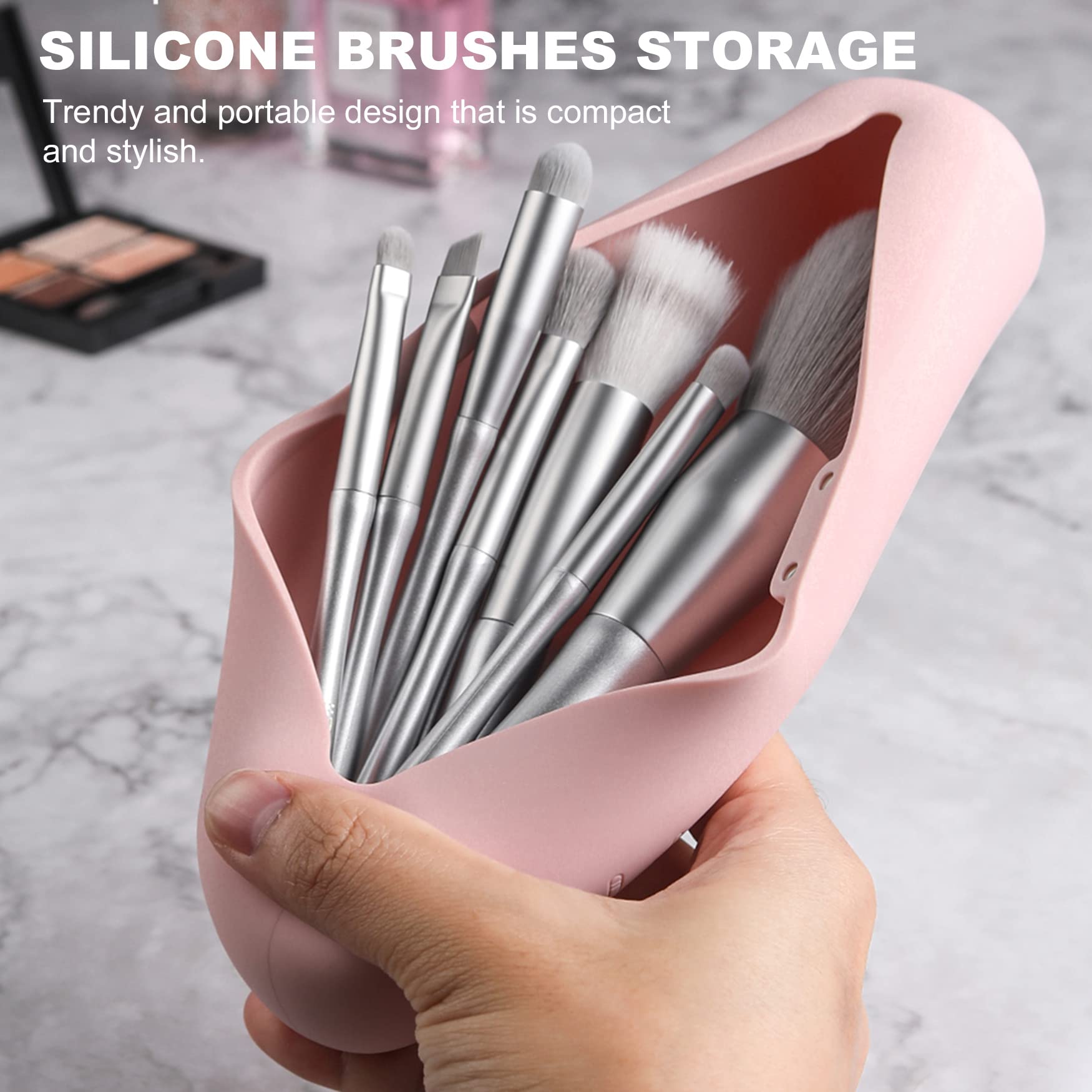 FVION Travel Makeup Brush Holder, Silicone Brush Holder Travel Case, Make Up Brush Pouch with Magnetic Closure, Makeup Brush Covers - Pink