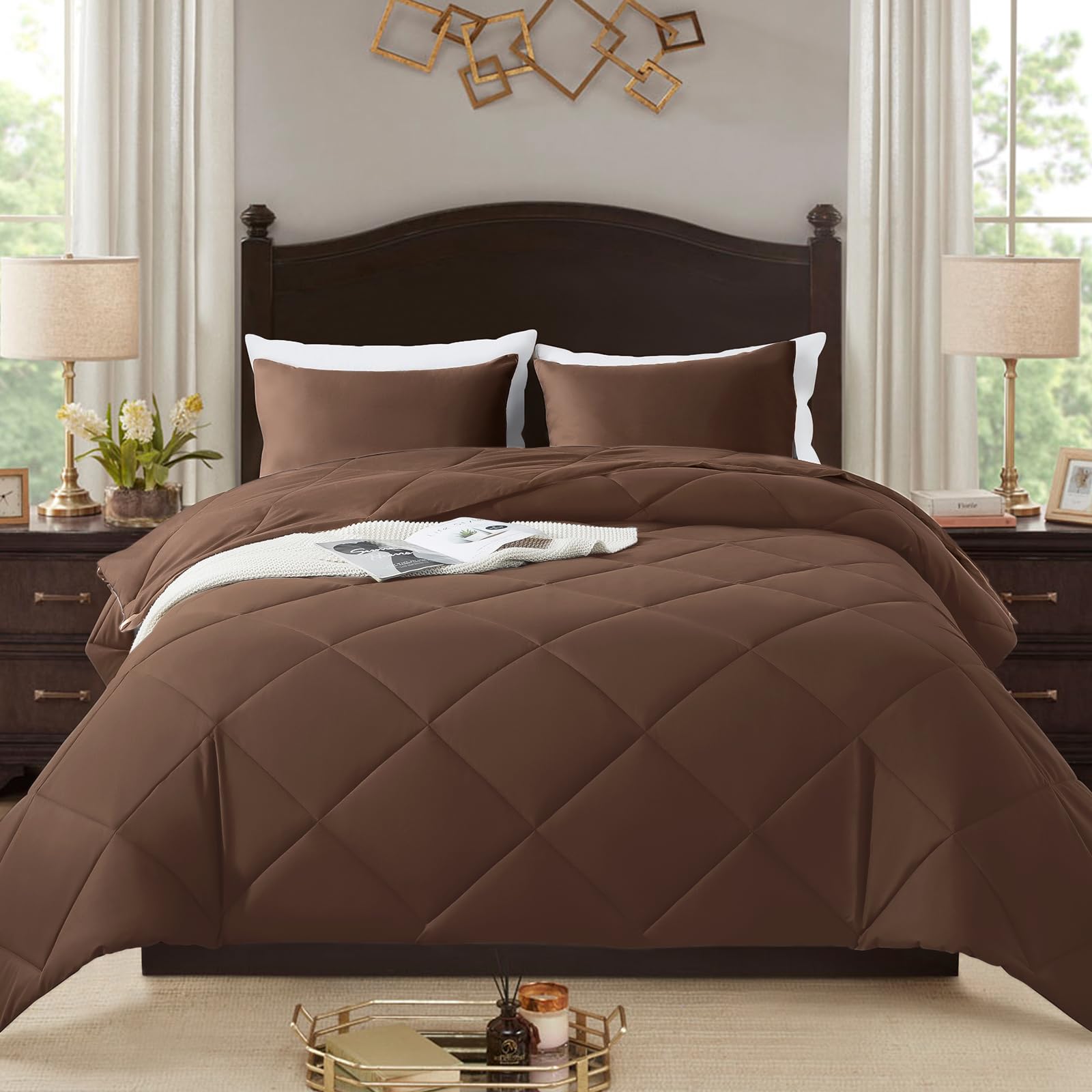 SUVAMJAM 3-Piece King Comforter Set,All-Season,Soft & Hypoallergenic &Breathable Bedding,Polyester Quilted,Down Alternative(Comforter*1 & Pillowcases*2),Chocolate