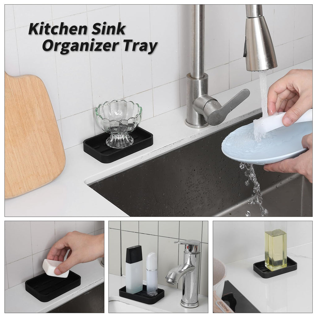 MicoYang Silicone Kitchen Sink Organizer Tray for Multiple Usage,Easy Clean Sponges Holder for Kitchen Bathroom Counter or Sink,Dish Soap Dispenser,Scrubber,Bottle,Cup Black 4.9”x 3.2”