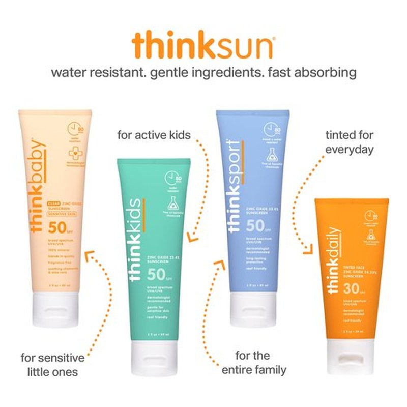 Thinkbaby Baby Sunscreen for Sensitive Skin, 3 Fl Oz, SPF 50 Clear Zinc Oxide Baby Mineral Sunscreen, Broad Spectrum UVA/UVB Protection, Natural, Water Resistant, Reef Safe, Vegan
