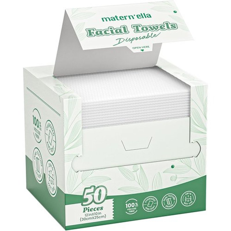 MATERN'ELLA Disposable Face Towels XL Ultra Soft Biodegradable Dry Wipes, Plant-Based Lint-Free Facial Towelettes for Makeup Removal & Sensitive Skin, Premium Texture for Effective Cleansing 50 Count