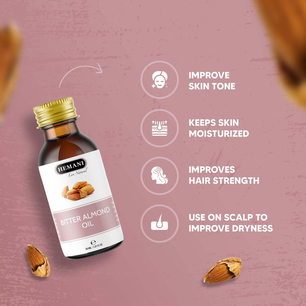 Hemani Bitter Almond Oil 30ml (1 Fl Oz) - 100% Pure Steam Distilled | Soothing Aromatherapy | Natural Essential Oil for Diffuser & Massage
