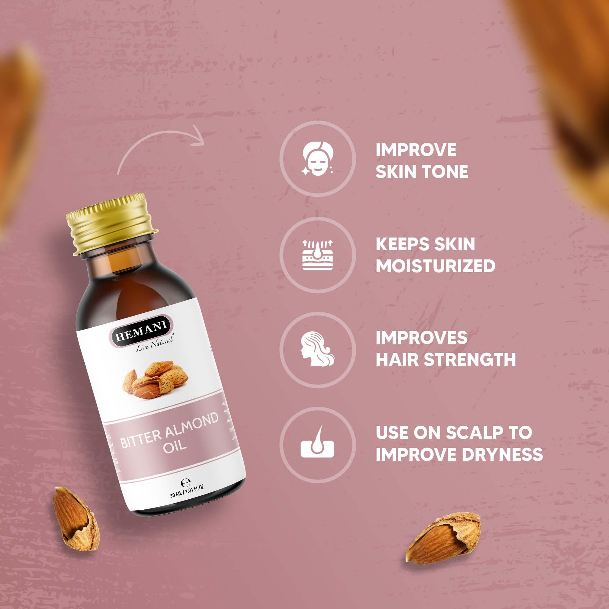 Hemani Bitter Almond Oil 30ml (1 Fl Oz) - 100% Pure Steam Distilled | Soothing Aromatherapy | Natural Essential Oil for Diffuser & Massage